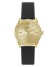 Gold watch with black strap on a white background