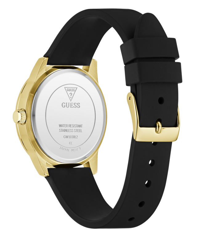 Black watch with gold case and black strap on a white background