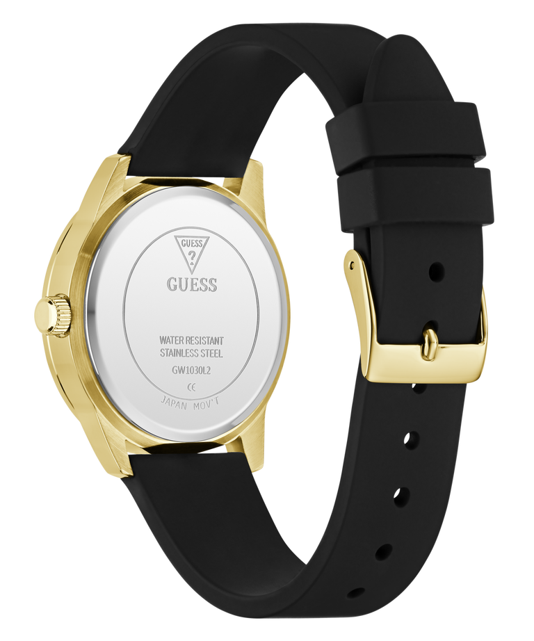 Black watch with gold case and black strap on a white background