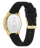 Black watch with gold case and black strap on a white background