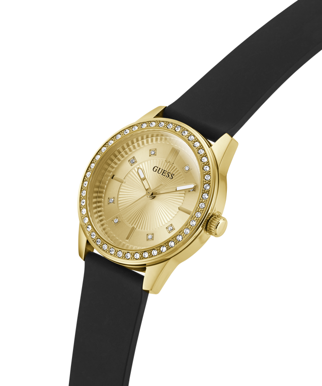 Gold watch with black strap on a transparent background lifestyle