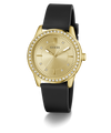 Gold watch with black strap on a white background