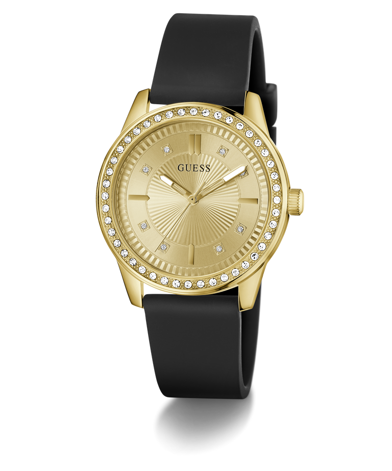 Gold watch with black strap on a white background