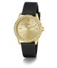 Gold watch with black strap on a white background