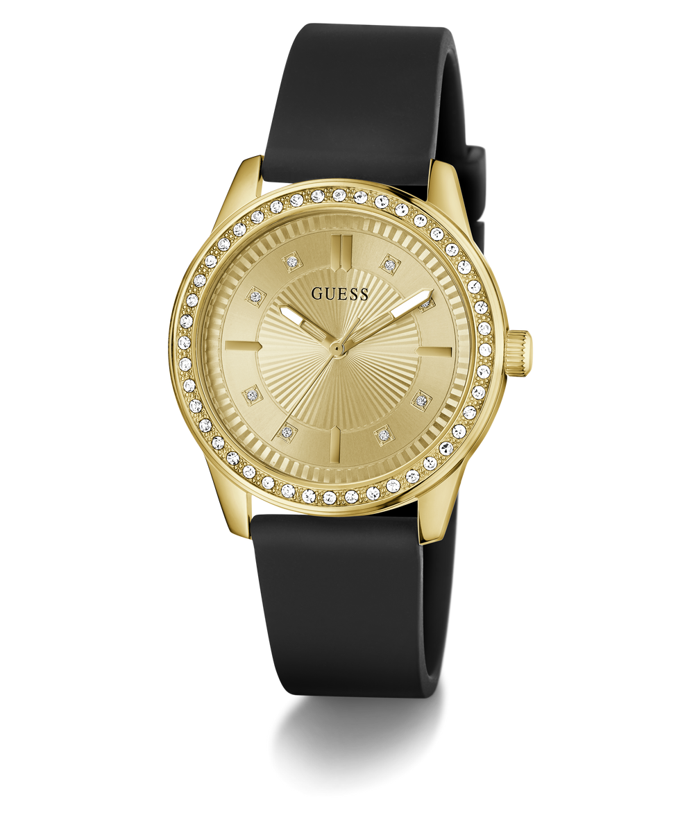 Gold watch with black strap on a white background