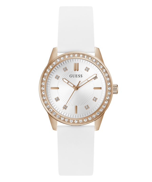 Guess watch with white strap and rose gold case on a transparent background