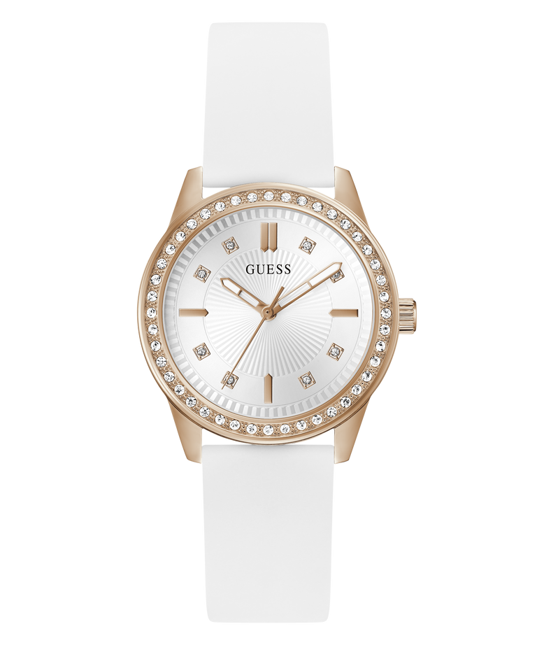 Guess watch with white strap and rose gold case on a transparent background