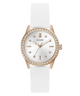 Guess watch with white strap and rose gold case on a transparent background