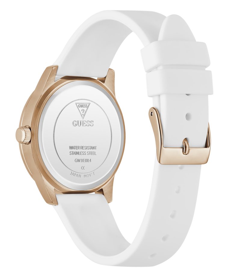 White watch with rose gold case and band on a white background