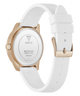 White watch with rose gold case and band on a white background