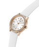 Guess watch with rose gold case and white strap on a transparent  lifestyle background