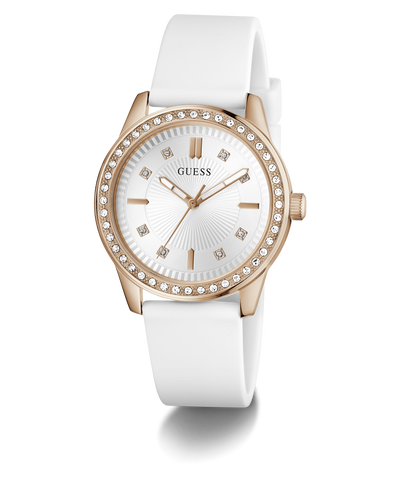 White watch with rose gold case and white strap on a transparent background
