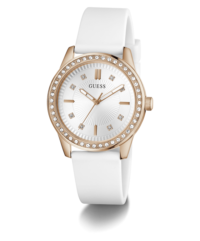 White watch with rose gold case and white strap on a transparent background