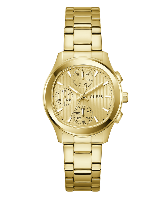 Gold GUESS Ladies Birdie Gold Tone Analog Watch with a detailed face on a white background
