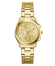 Gold GUESS Ladies Birdie Gold Tone Analog Watch with a detailed face on a white background