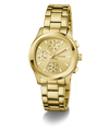 Gold GUESS Ladies Birdie Gold Tone Analog Watch with a detailed face on a white background