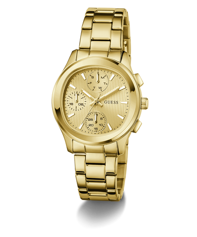 Gold GUESS Ladies Birdie Gold Tone Analog Watch with a detailed face on a white background