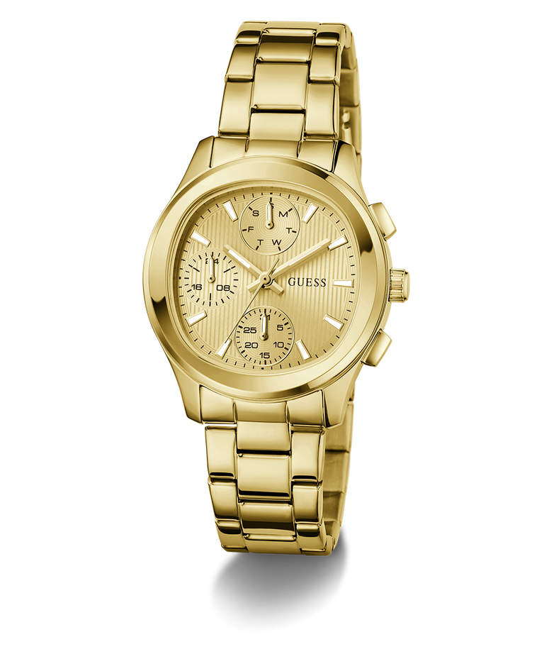 Gold GUESS Ladies Birdie Gold Tone Analog Watch with a detailed face on a white background