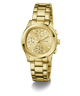 Gold GUESS Ladies Birdie Gold Tone Analog Watch with a detailed face on a white background