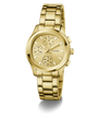 Gold GUESS Ladies Birdie Gold Tone Analog Watch with a detailed face on a white background