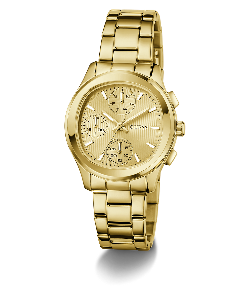 Gold GUESS Ladies Birdie Gold Tone Analog Watch with a detailed face on a white background