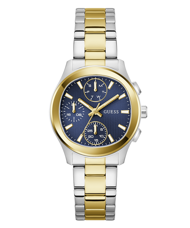 Two-tone watch with gold and silver band and blue dial on a white background