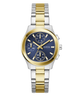 Two-tone watch with gold and silver band and blue dial on a white background