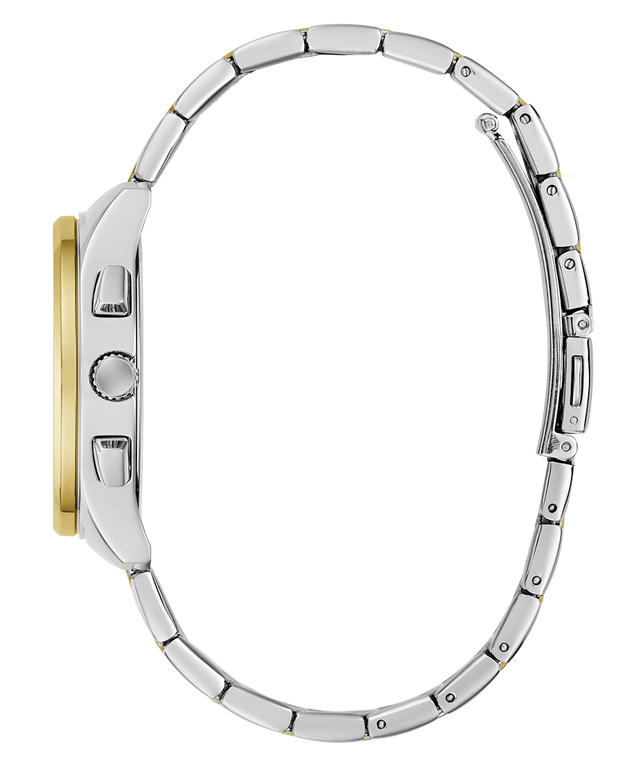 Close-up of a silver and gold watch band on a white background
