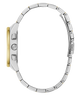 Close-up of a silver and gold watch band on a white background