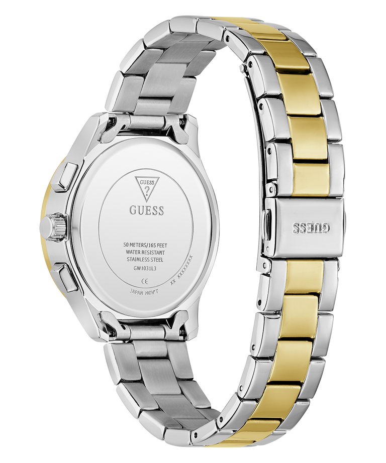 Two-tone silver and gold watch with visible brand logo on a white background