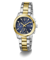Two-toned GUESS Ladies Birdie 2-Tone Analog Watch with gold and silver band and blue dial on a white background