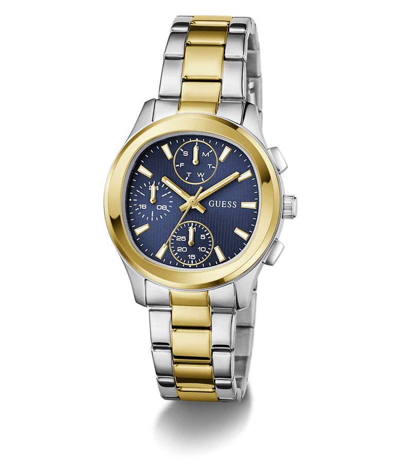 Two-toned GUESS Ladies Birdie 2-Tone Analog Watch with gold and silver band and blue dial on a white background