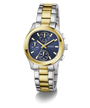 Two-toned GUESS Ladies Birdie 2-Tone Analog Watch with gold and silver band and blue dial on a white background