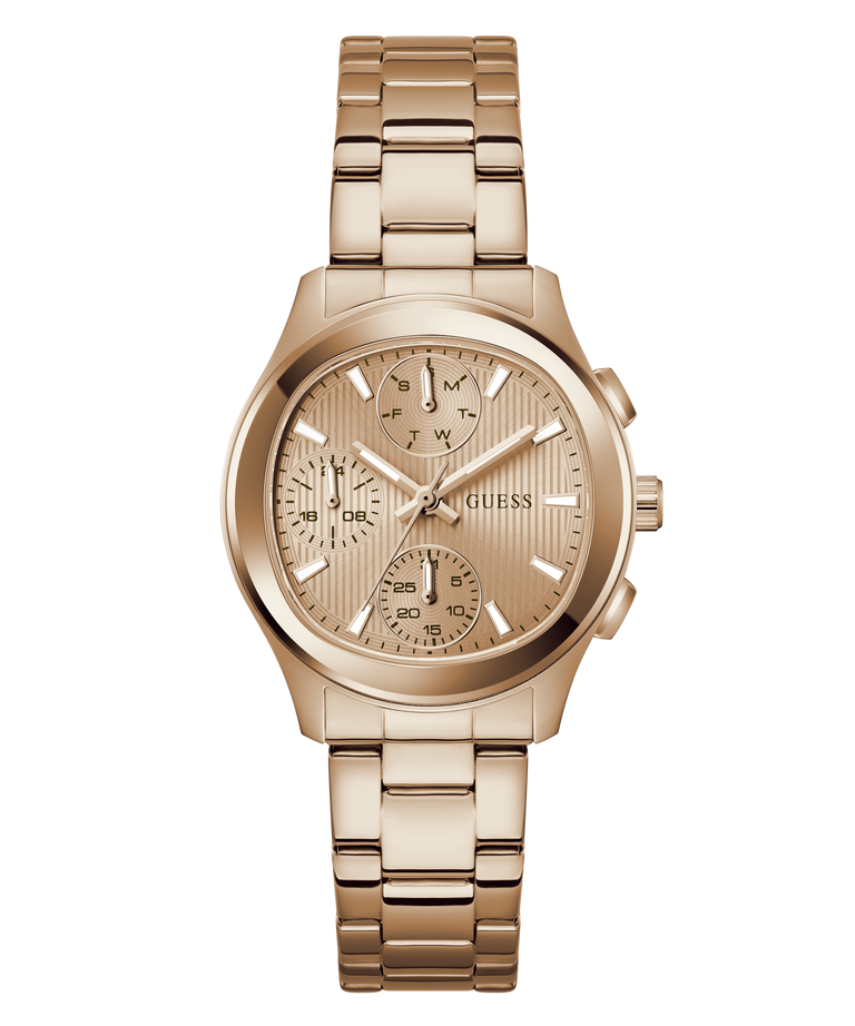 GUESS Ladies Birdie Rose Gold Tone Analog Watch with a detailed face on a white background