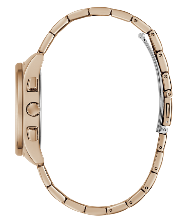 Rose gold watch case on a white background