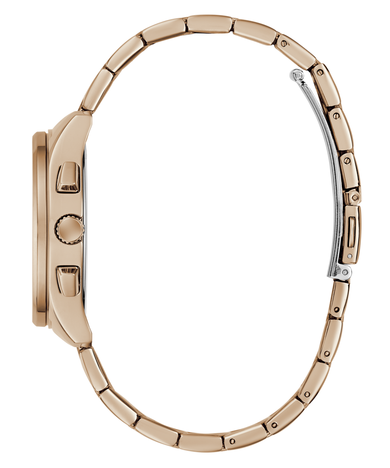 Rose gold watch case on a white background