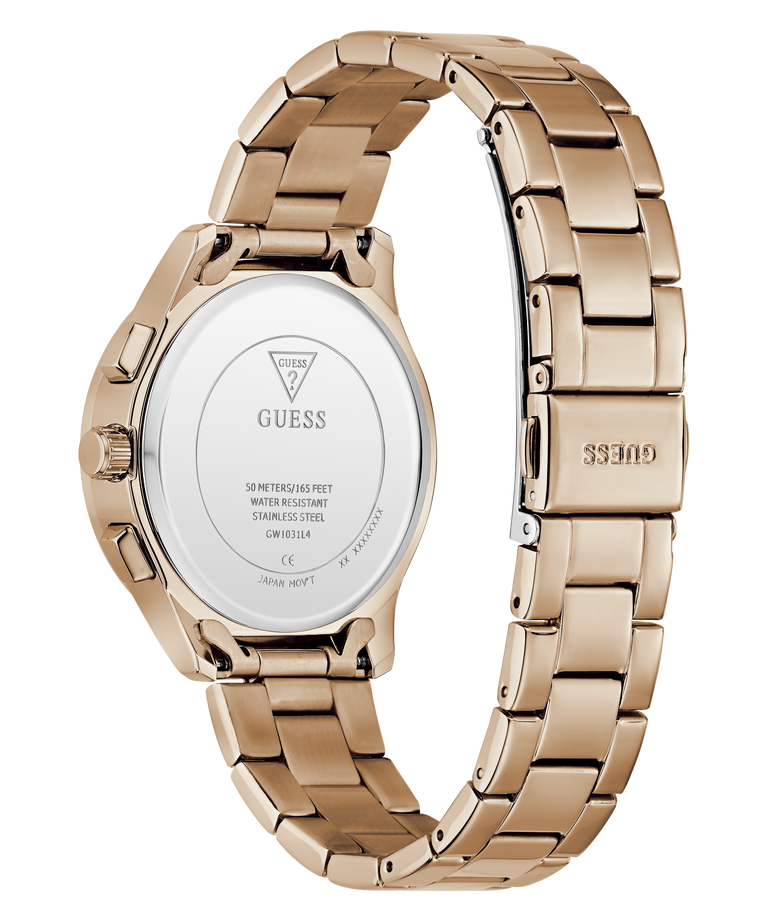 Rose gold watch with visible brand logo on a white background