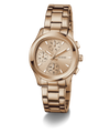 Rose gold GUESS Ladies Birdie Rose Gold Tone Analog Watch with detailed face on a white background