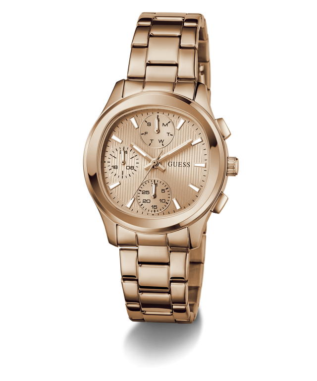 Rose gold GUESS Ladies Birdie Rose Gold Tone Analog Watch with detailed face on a white background