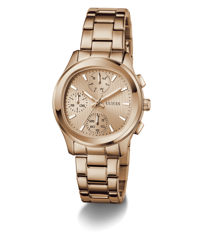 Rose gold GUESS Ladies Birdie Rose Gold Tone Analog Watch with detailed face on a white background