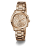 Rose gold GUESS Ladies Birdie Rose Gold Tone Analog Watch with detailed face on a white background