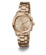 Rose gold GUESS Ladies Birdie Rose Gold Tone Analog Watch with detailed face on a white background
