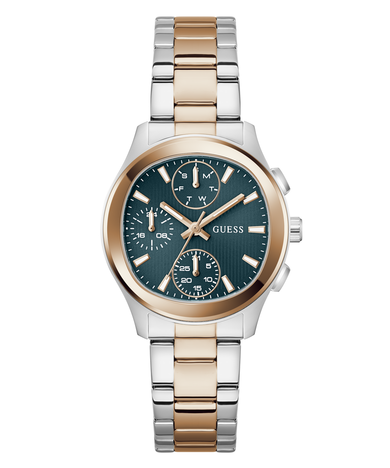 Two-tone GUESS Ladies Birdie 2-Tone Analog Watch with a teal face on a white background