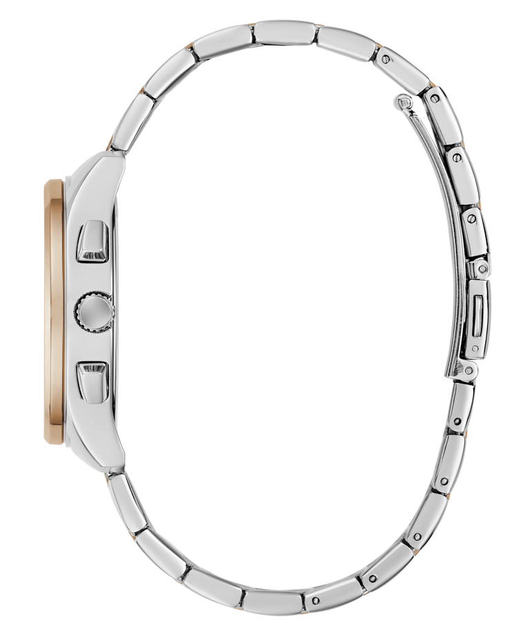 Close-up of a silver GUESS Ladies Birdie 2-Tone Analog Watch with a rose gold accent on a white background