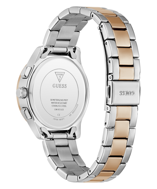 Two-tone silver and rose gold watch with visible brand logo on a white background