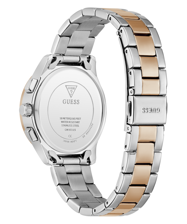 Two-tone silver and rose gold watch with visible brand logo on a white background