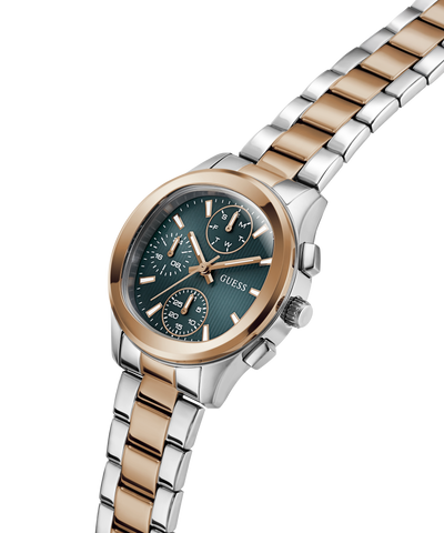 GUESS Ladies Birdie 2-Tone Analog Watch with silver and rose gold band on a white background lifestyle