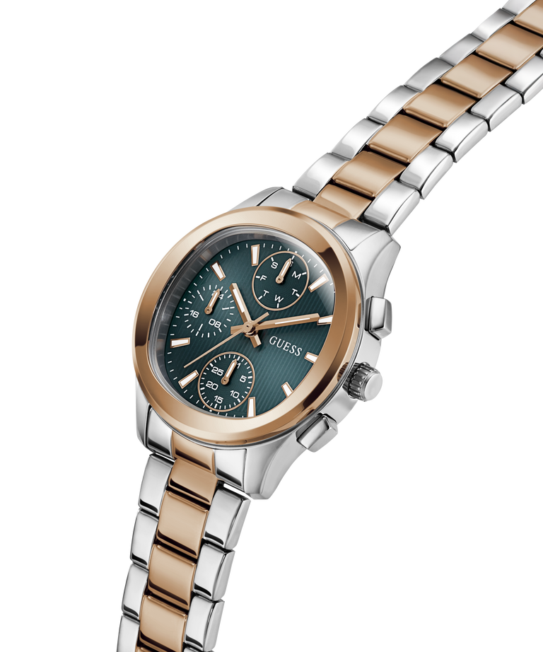 GUESS Ladies Birdie 2-Tone Analog Watch with silver and rose gold band on a white background lifestyle