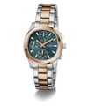 GUESS Ladies Birdie 2-Tone Analog Watch with a teal face on a white background