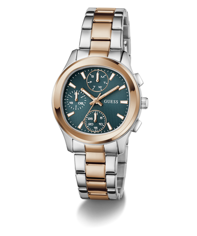 GUESS Ladies Birdie 2-Tone Analog Watch with a teal face on a white background